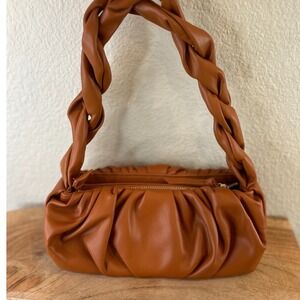 Expressions NYC‎ Cognac Brown Ruched Vegan Leather Braided Handle Shoulder Bag